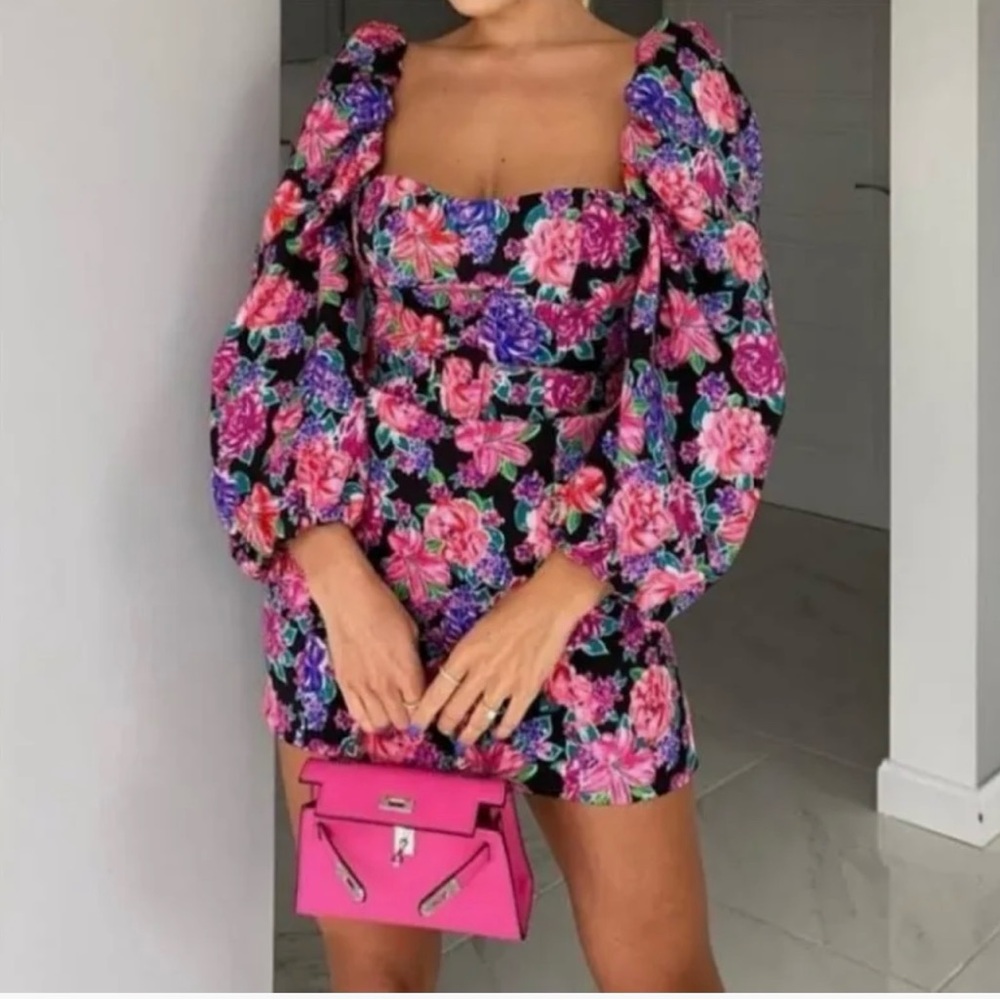 Zara Black Mini Dress with Pink & Purple Floral Print NWOT XS